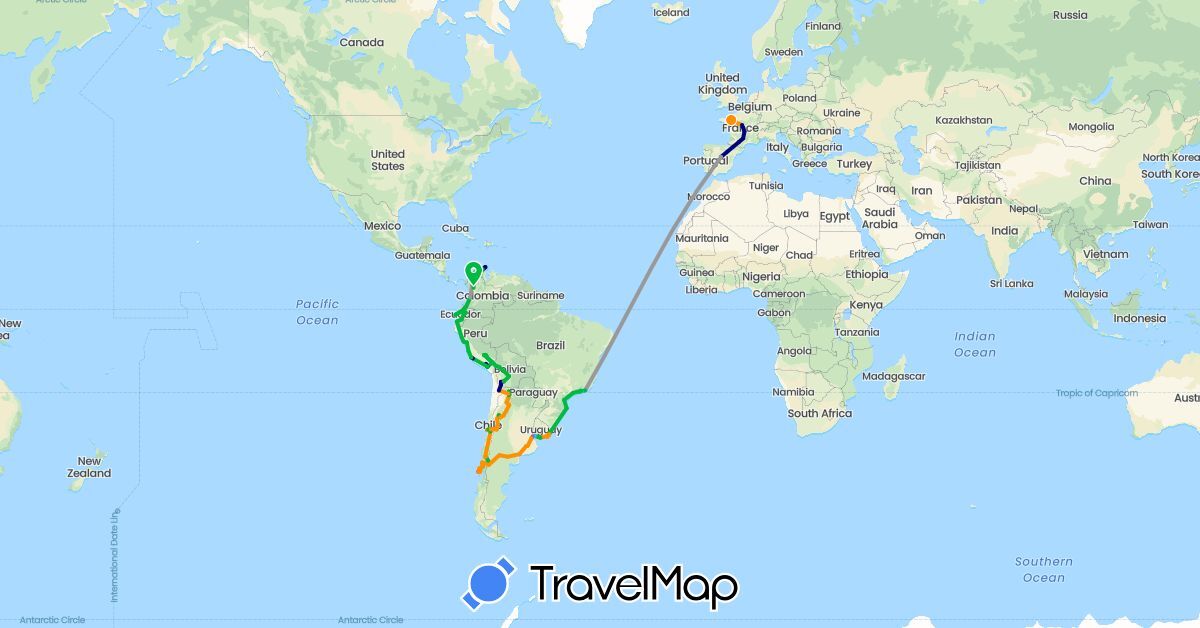 TravelMap itinerary: driving, bus, plane, train, hiking, boat, hitchhiking in Argentina, Bolivia, Brazil, Chile, Colombia, Ecuador, Spain, France, Peru, Uruguay (Europe, South America)